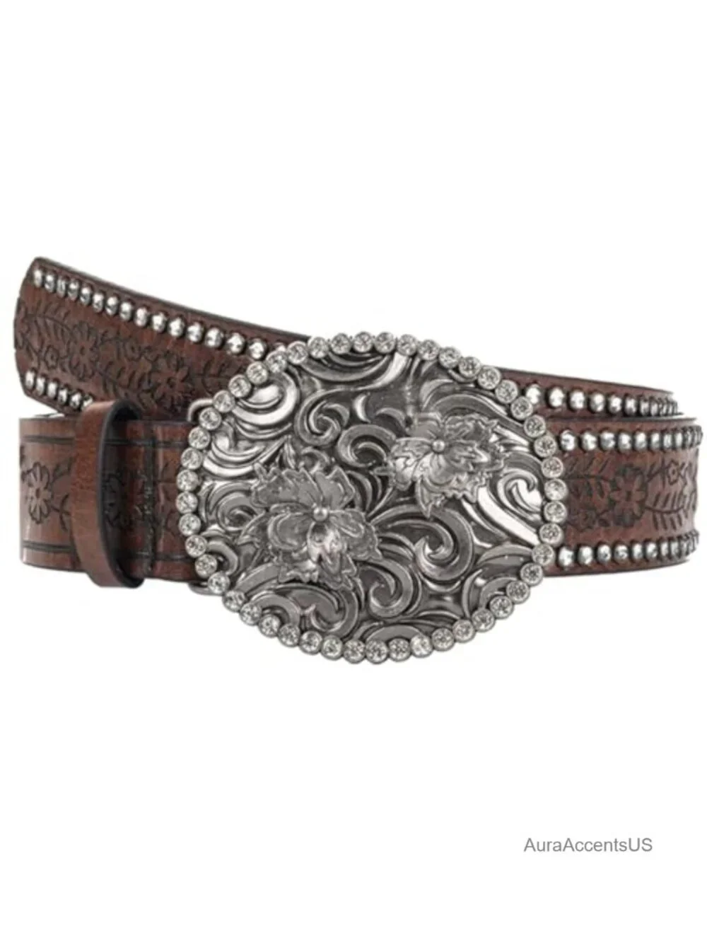 Cowgirl Belt Rhinestone Oval Buckle Embossed PU Leather Western Belt for Jeans